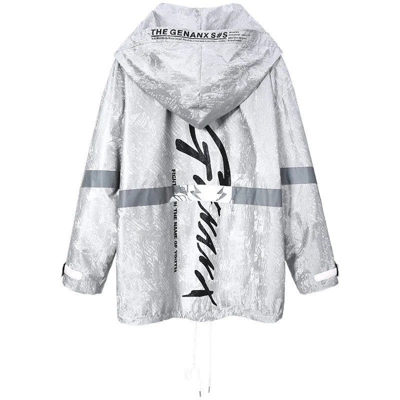Hip Hop Red Print Reflective Stripes Hooded Jacket