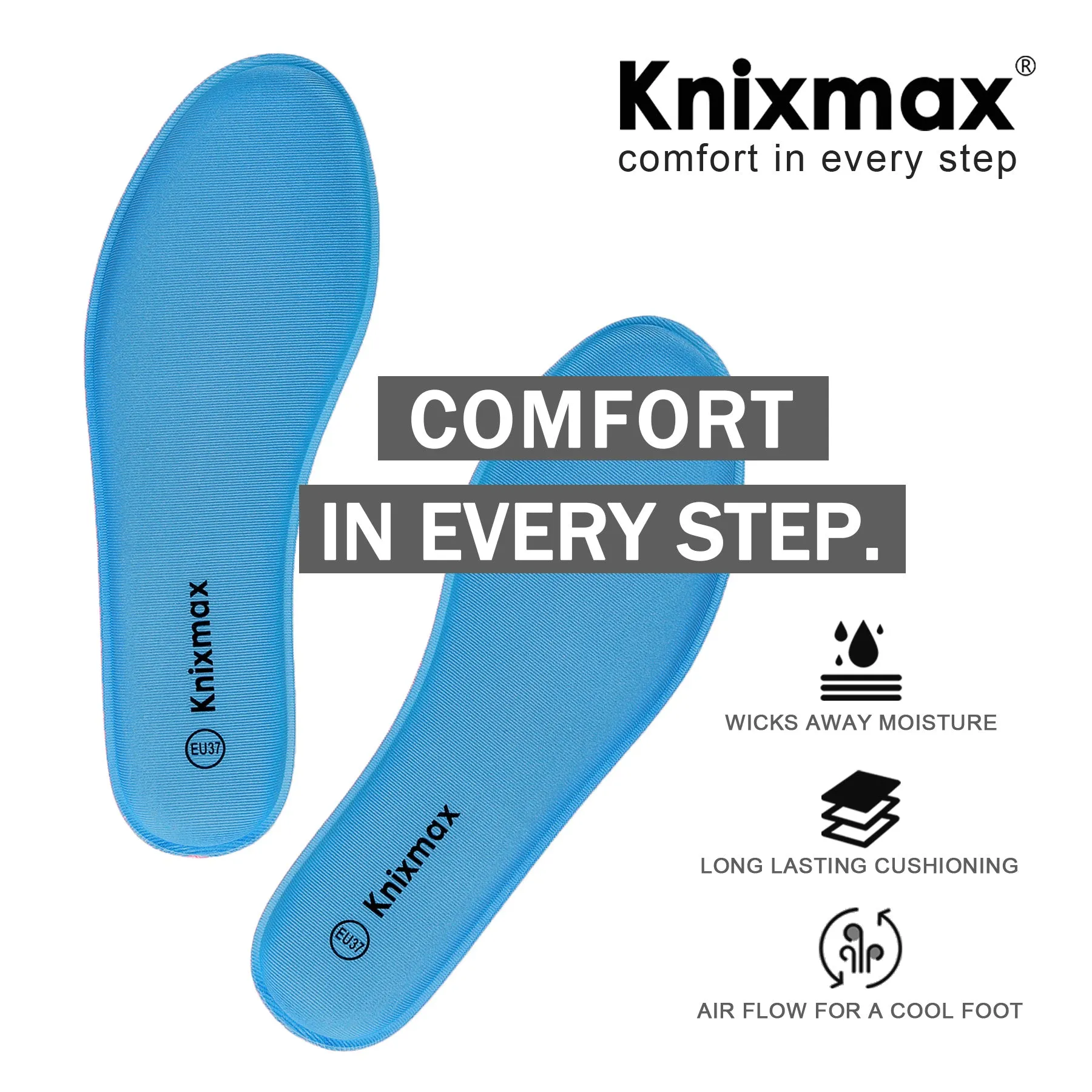 Knixmax Women's Memory Foam Insoles, Blue, for Athletic Shoes & Sneakers