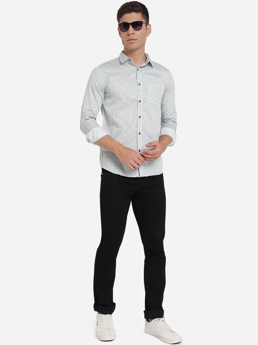 Light Grey Printed Slim Fit Semi Casual Shirt | JadeBlue
