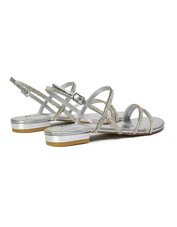 Orla Buckle Strappy Summer Sparkly Flat Diamante Sandals Bridal Flats in Silver