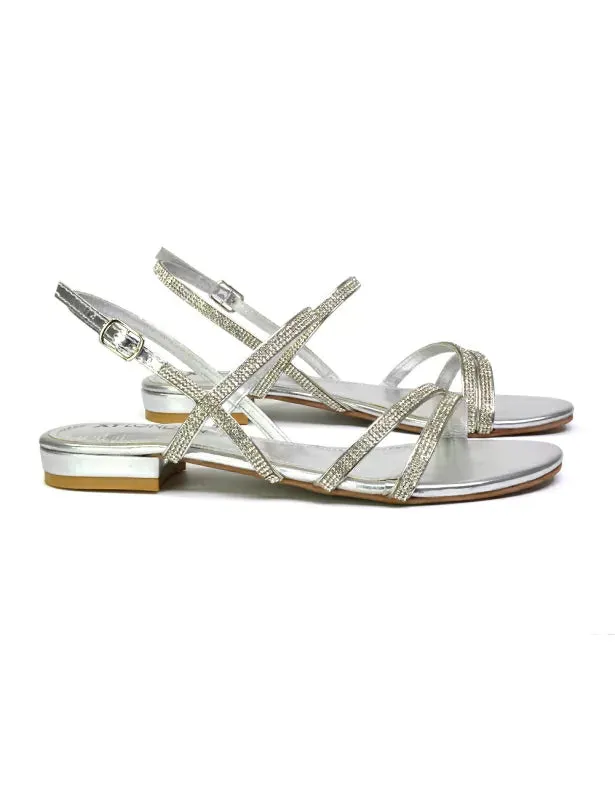 Orla Buckle Strappy Summer Sparkly Flat Diamante Sandals Bridal Flats in Silver