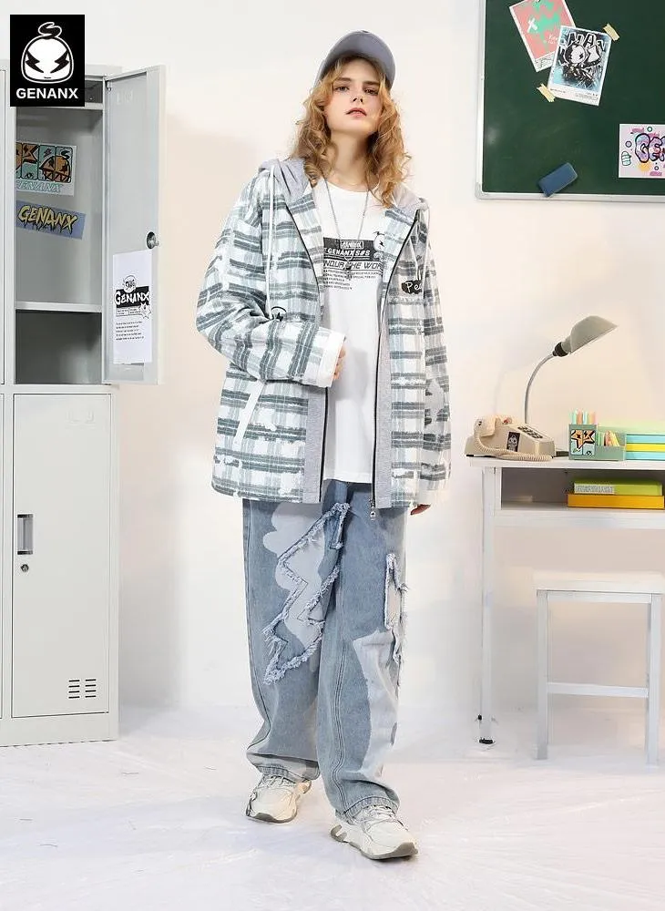 Paneled Contrast Plaid Print Couple Hooded Jacket