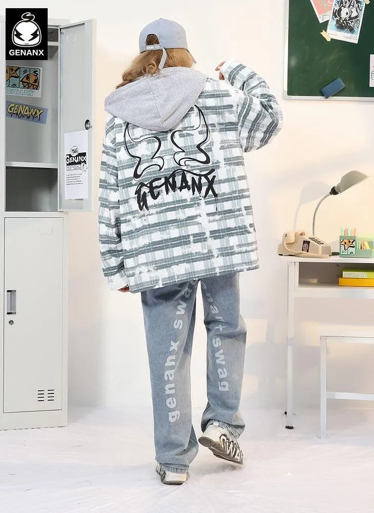 Paneled Contrast Plaid Print Couple Hooded Jacket