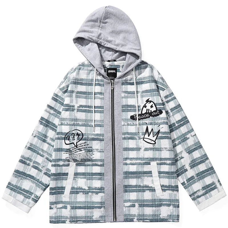 Paneled Contrast Plaid Print Couple Hooded Jacket