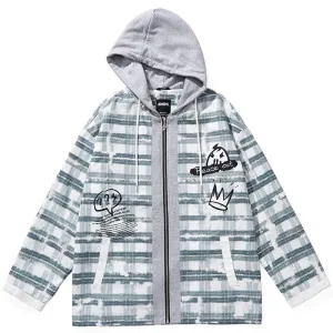 Paneled Contrast Plaid Print Couple Hooded Jacket
