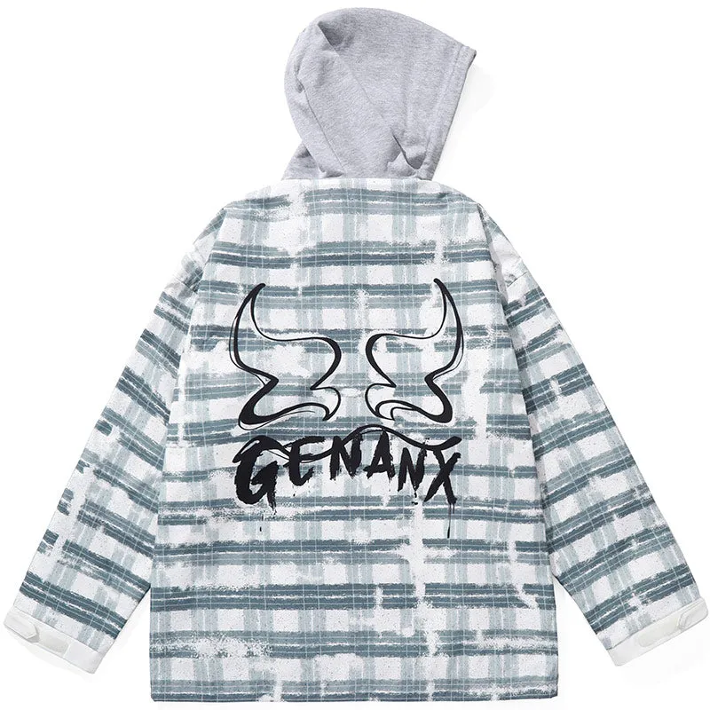 Paneled Contrast Plaid Print Couple Hooded Jacket