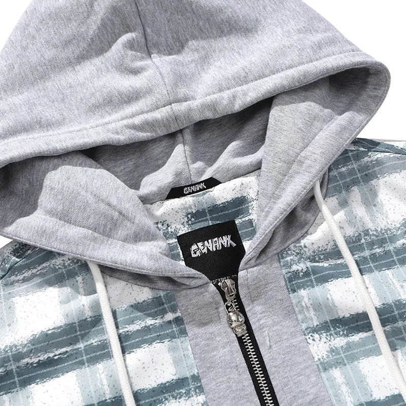 Paneled Contrast Plaid Print Couple Hooded Jacket