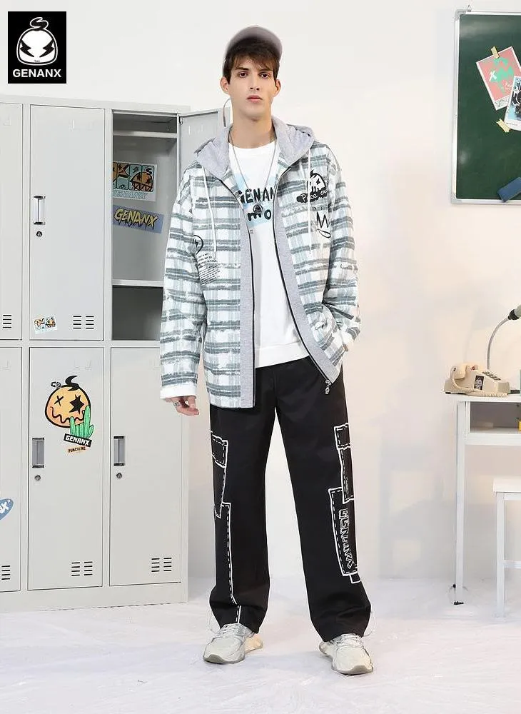 Paneled Contrast Plaid Print Couple Hooded Jacket