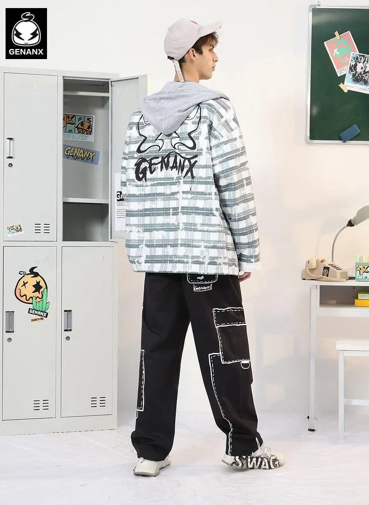 Paneled Contrast Plaid Print Couple Hooded Jacket