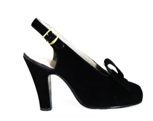 Size 5.5 1930s Black Suede Peep Toe Shoes with Avant Garde Art Deco Bows - Glam Authentic 30s 40s High Heels - Deadstock MISMATCH 5 1/2 & 6