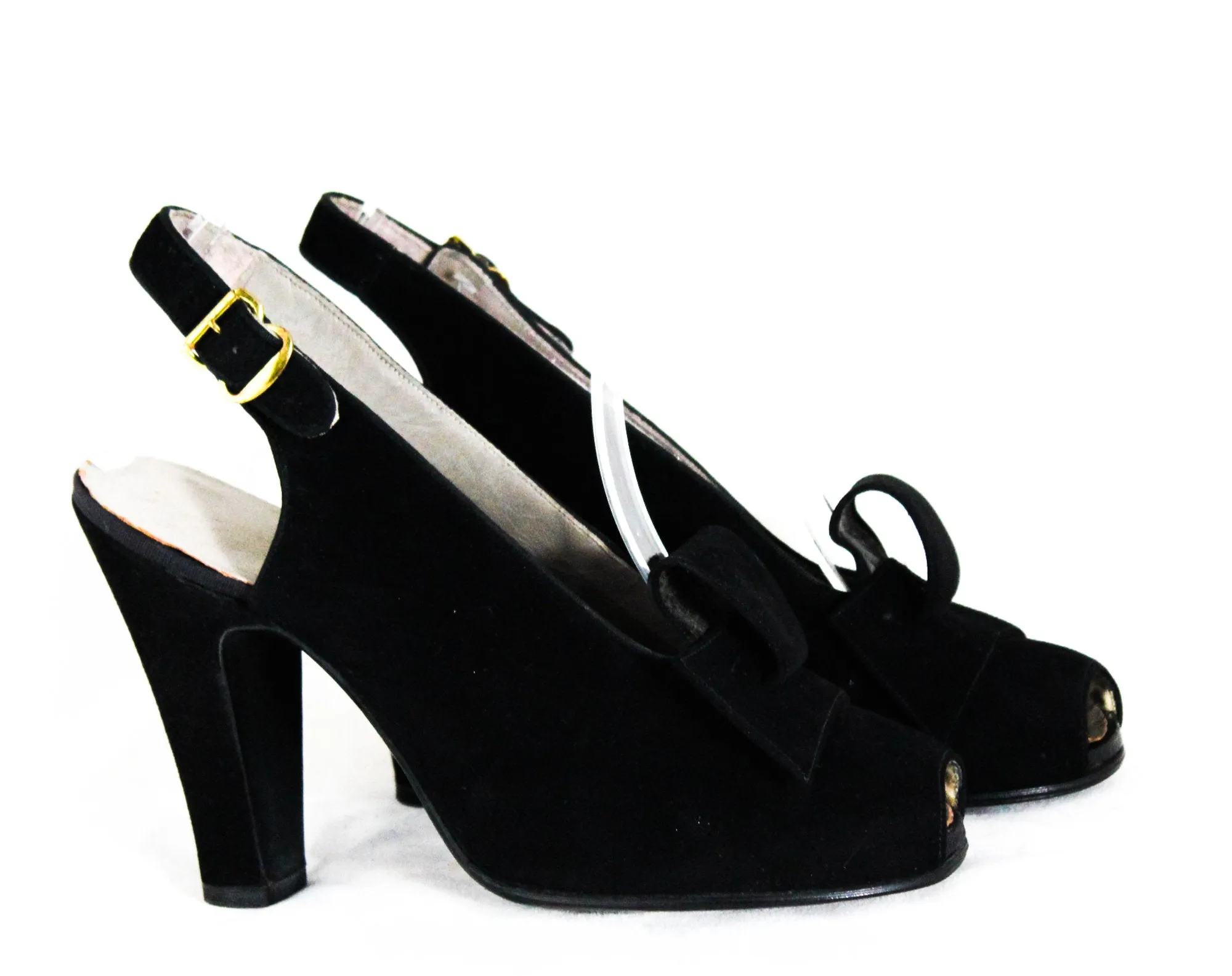 Size 5.5 1930s Black Suede Peep Toe Shoes with Avant Garde Art Deco Bows - Glam Authentic 30s 40s High Heels - Deadstock MISMATCH 5 1/2 & 6