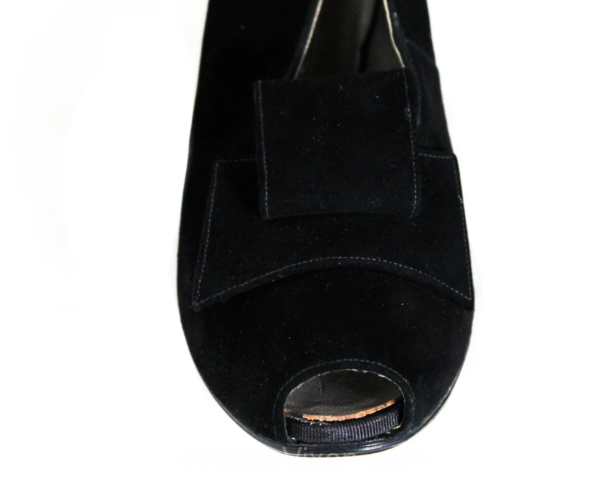 Size 5.5 1930s Black Suede Peep Toe Shoes with Avant Garde Art Deco Bows - Glam Authentic 30s 40s High Heels - Deadstock MISMATCH 5 1/2 & 6