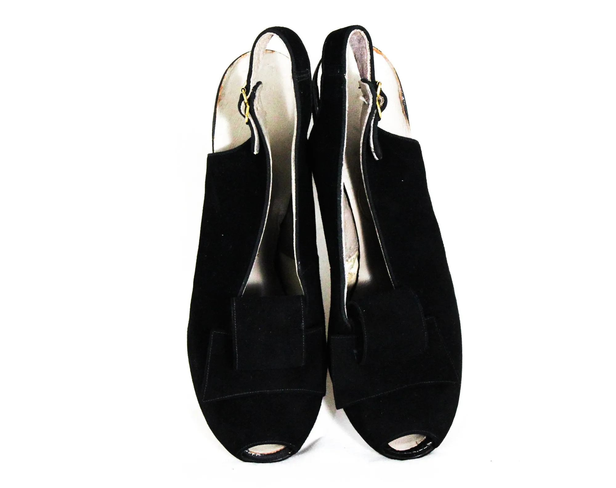 Size 5.5 1930s Black Suede Peep Toe Shoes with Avant Garde Art Deco Bows - Glam Authentic 30s 40s High Heels - Deadstock MISMATCH 5 1/2 & 6