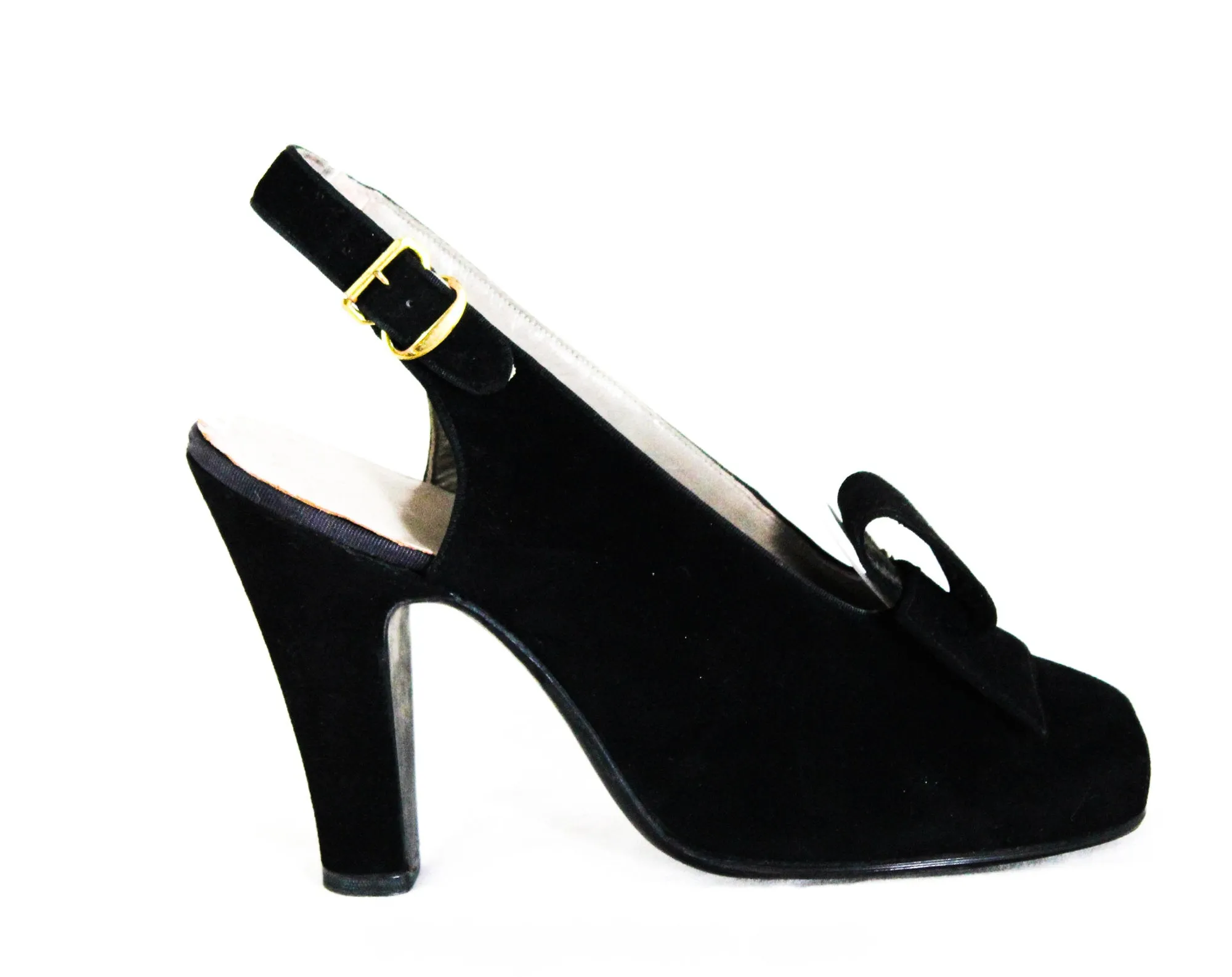 Size 5.5 1930s Black Suede Peep Toe Shoes with Avant Garde Art Deco Bows - Glam Authentic 30s 40s High Heels - Deadstock MISMATCH 5 1/2 & 6