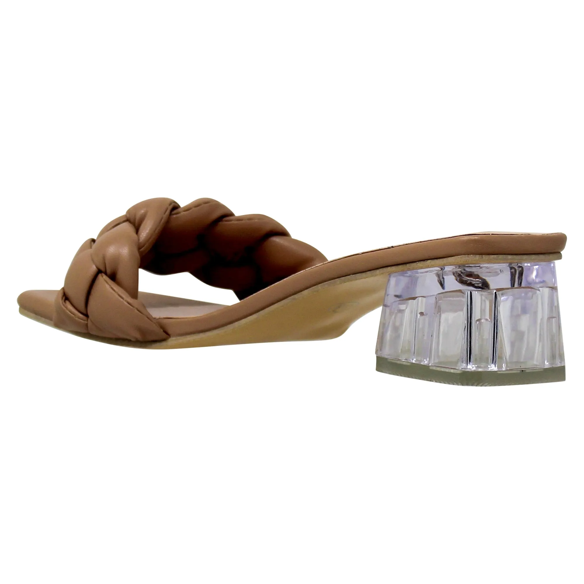 SOBEO Strappy Sandals Braided One Band Low Clear Heels Tan