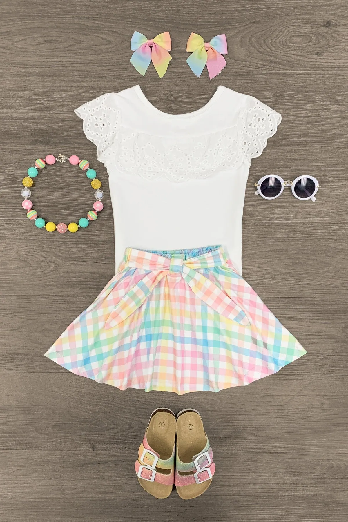White Lace & Pastel Plaid Tie Skirt Set