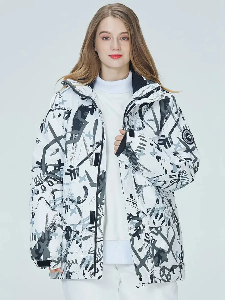 Women Graffiti Print Ski Jacket Winter Sports Insulated Sports Coat