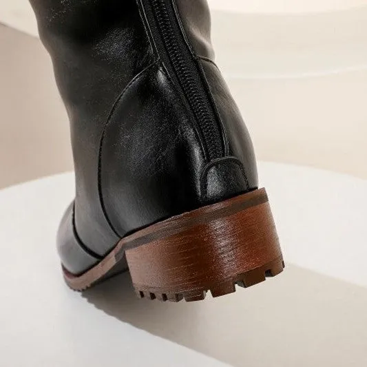 Women Knee High Snow Winter Boots Round Toe Zipper Low Heel Genuine Leather Non Slip