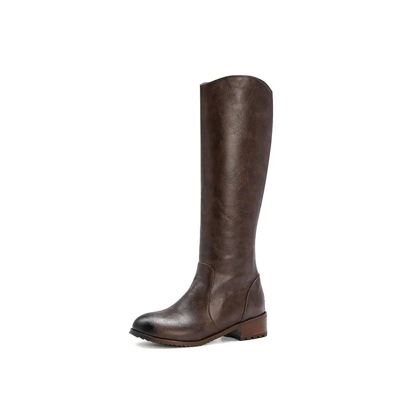 Women Knee High Snow Winter Boots Round Toe Zipper Low Heel Genuine Leather Non Slip
