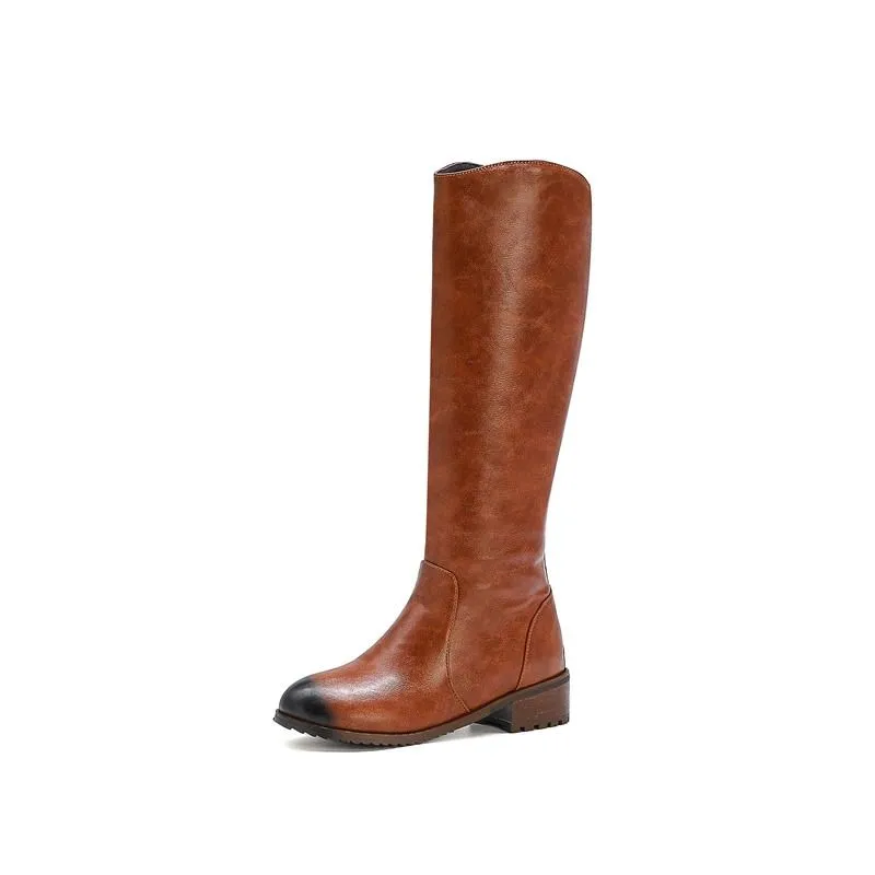 Women Knee High Snow Winter Boots Round Toe Zipper Low Heel Genuine Leather Non Slip