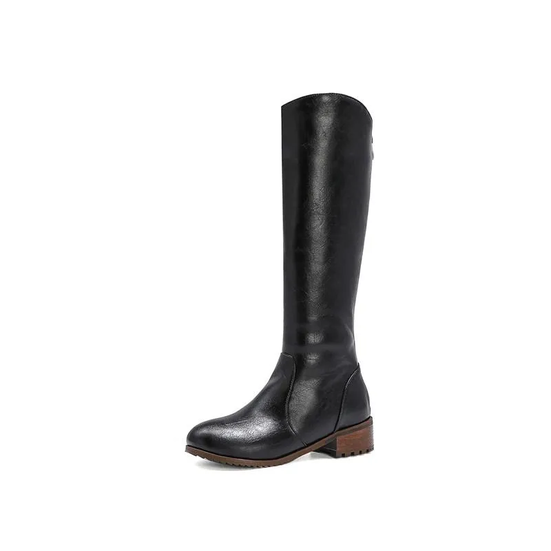 Women Knee High Snow Winter Boots Round Toe Zipper Low Heel Genuine Leather Non Slip