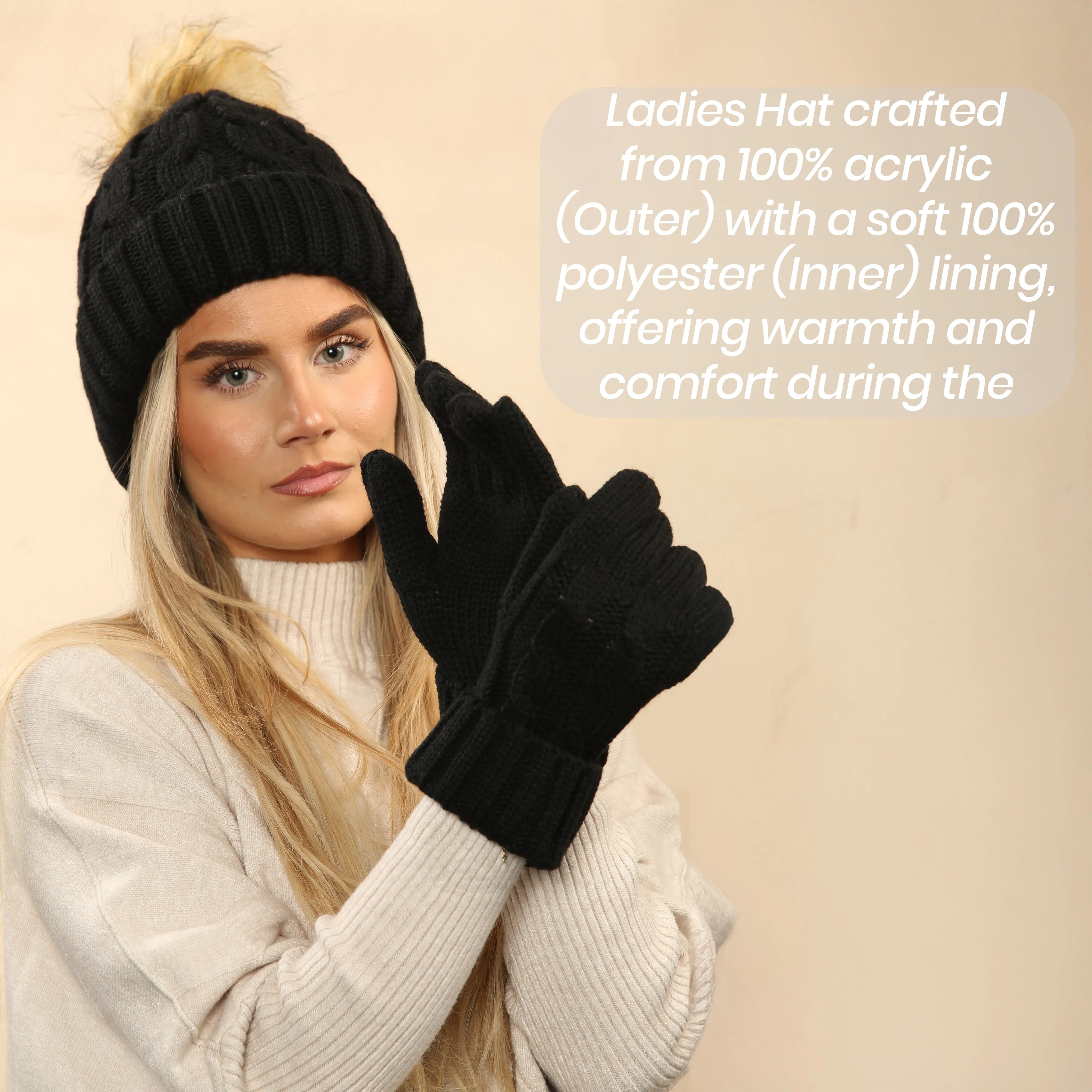 Women's Black Chunky Knit Winter Hat & Gloves Set Faux Fur Pom Pom Warm & Stylish Beanie for Ladies By Heatwave Thermalwear