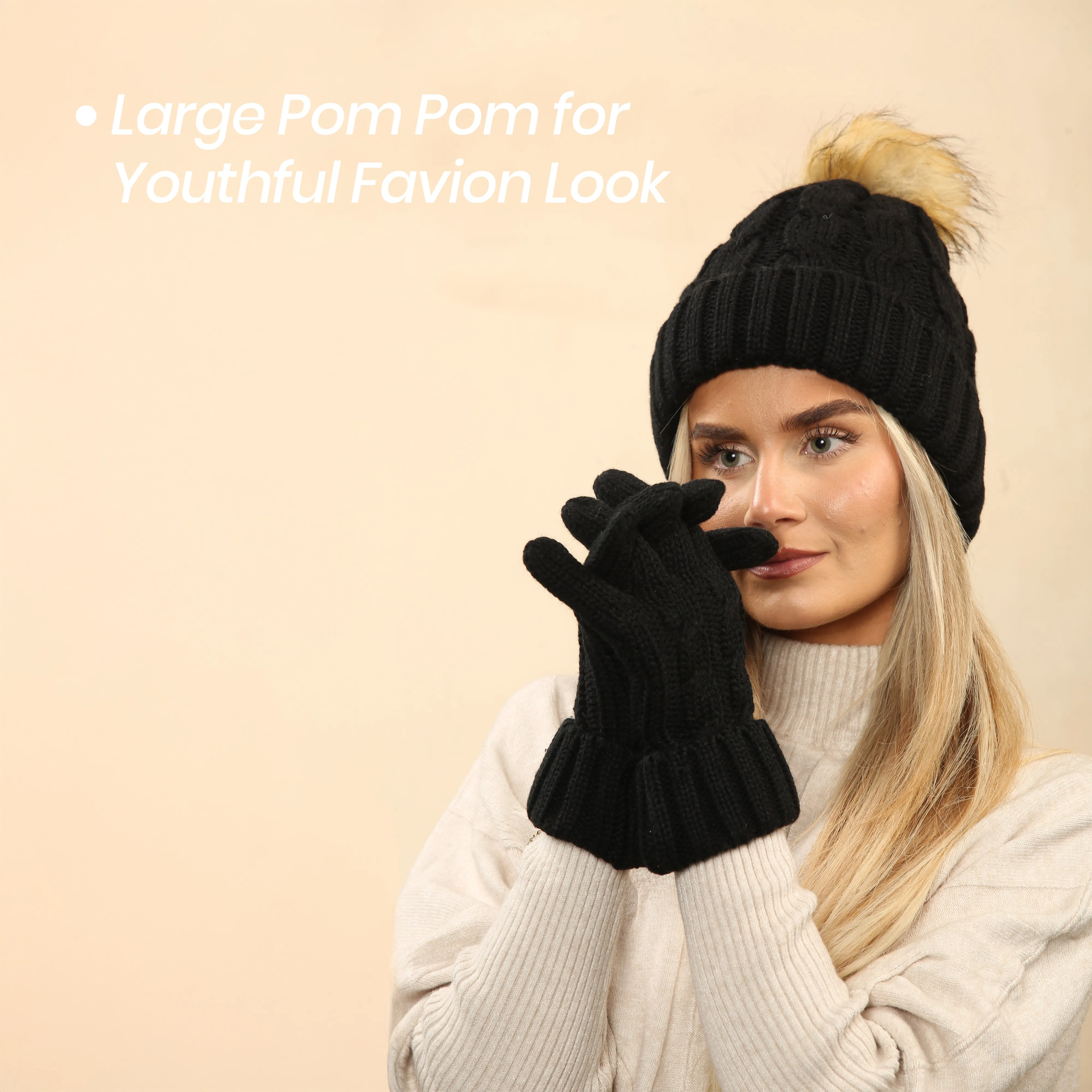 Women's Black Chunky Knit Winter Hat & Gloves Set Faux Fur Pom Pom Warm & Stylish Beanie for Ladies By Heatwave Thermalwear