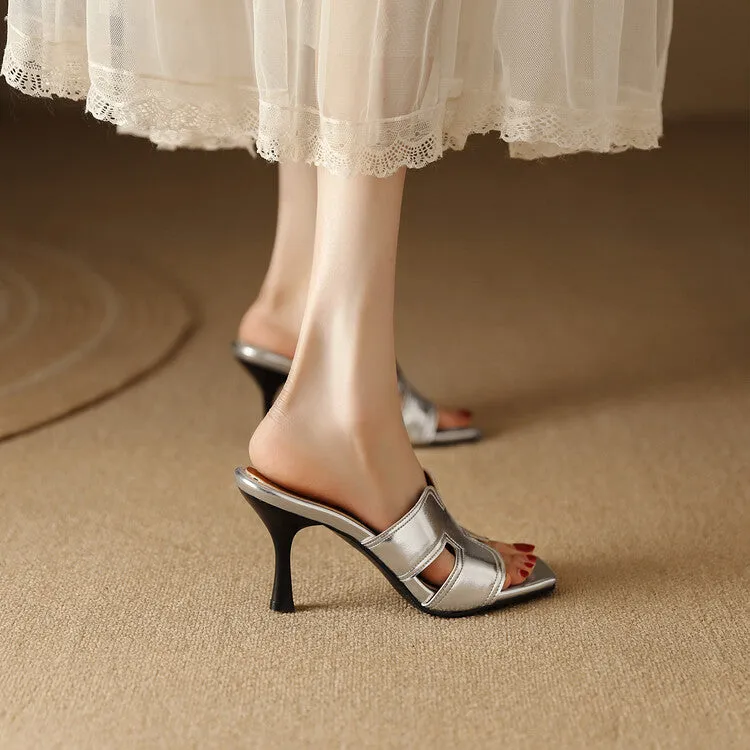 Women's Metal Patent Spool Heel Slip On Slides Sandals