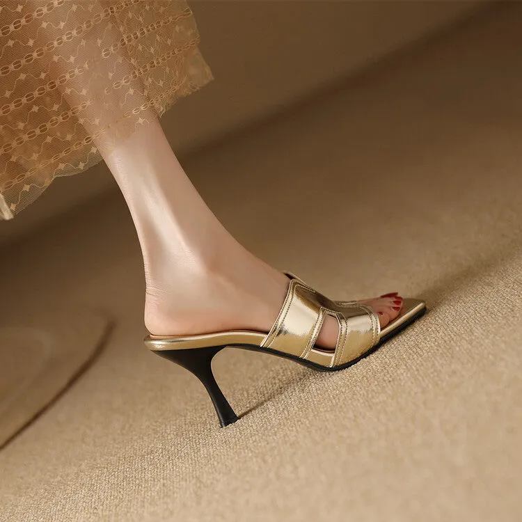 Women's Metal Patent Spool Heel Slip On Slides Sandals