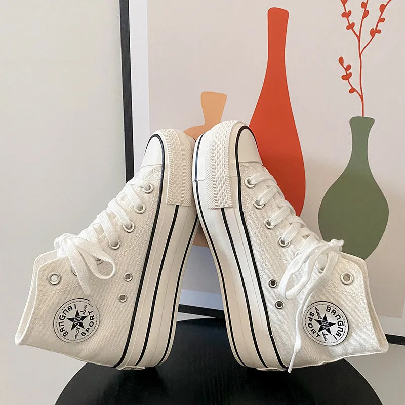 Women's White Thick-soled Thin Color Board Canvas Shoes